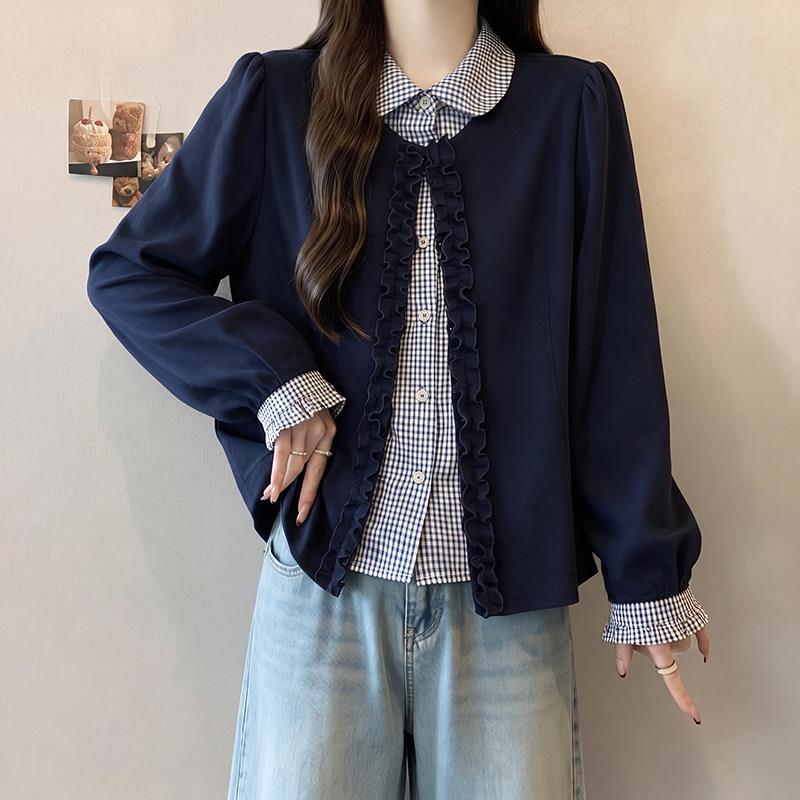 极速大码韩系格子翻领假两件长袖衬衫女秋冬季胖MM宽松遮肚子百搭