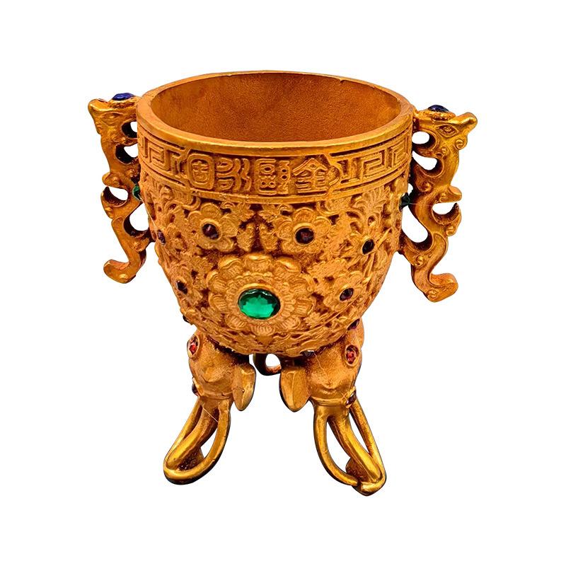 金属工艺品大象腿酒杯仿古做旧老铜鎏金镶嵌宝石酒杯摆件古玩