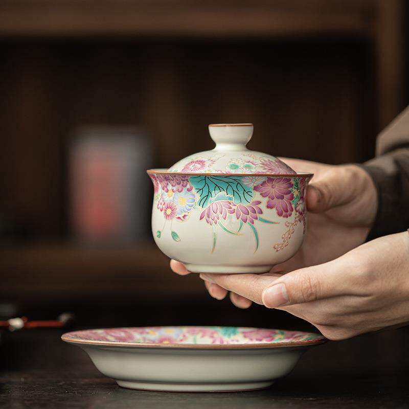 猪油冻小花园家用干泡组一碗二杯陶瓷茶具套装三才盖碗茶杯公道杯