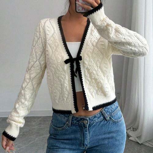 Women'S Contrast Binding Tie Front Cardigan, Casual Long