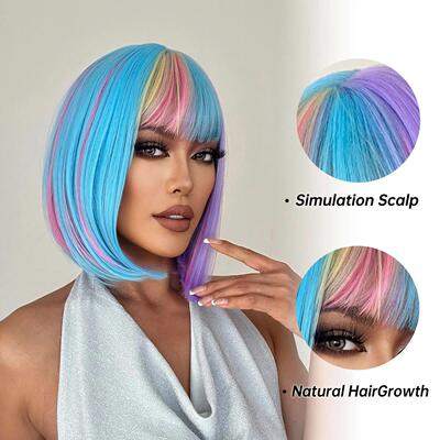 Straight Natural Bob Women Wig Blue Purple Pink Yellow Color