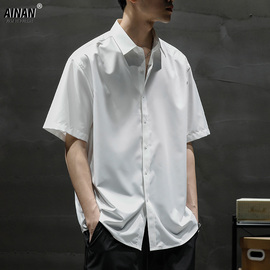 短袖衬衫男夏季冰丝薄款宽松大码痞帅高级感白色衬衣半袖商务寸衫