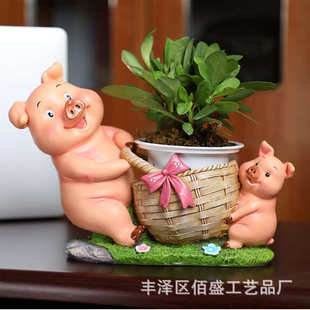 庭院花园装 饰工艺品摆件可爱小猪花盆创意办公室桌面收纳树脂笔筒
