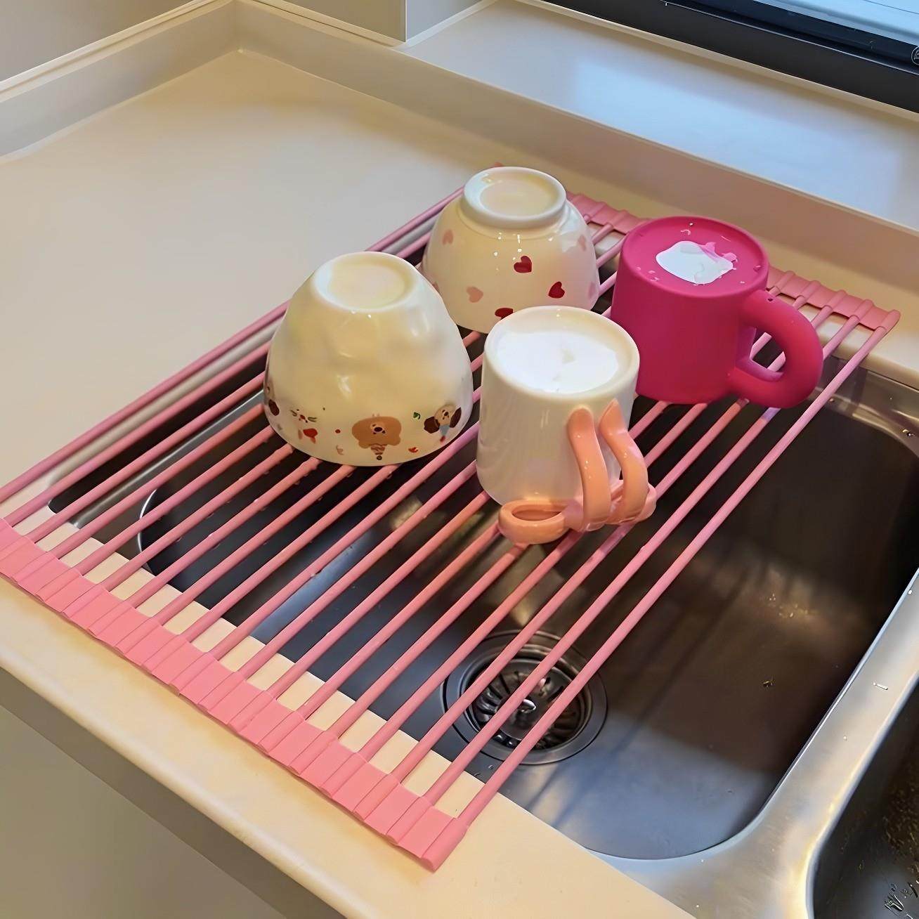 粉色卷帘沥水架厨房可折叠水槽水池碗筷收纳层架家用水池创意置物,厨房/烹饪用具,厨房置物架/置物柜/角架,淘宝优惠券,粉丝福利购,淘宝优惠卷