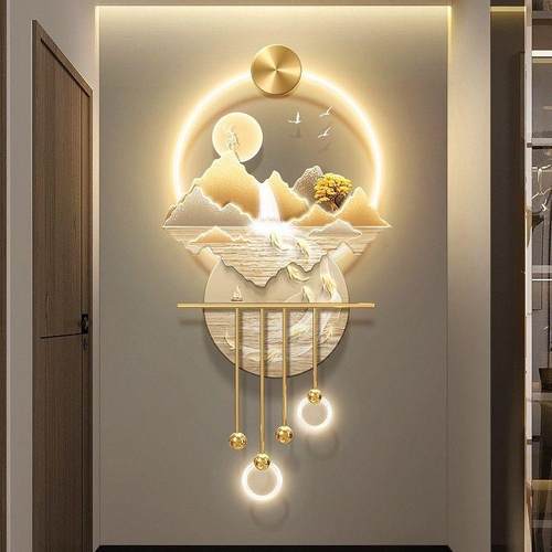 轻奢流水生财玄关装饰画九鱼图入户发光壁饰山水走廊过道带灯挂画