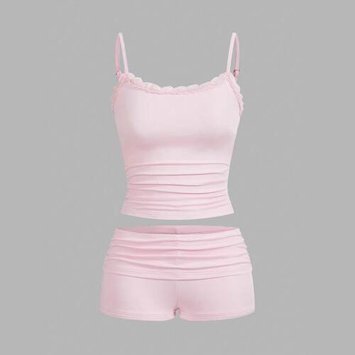 Solid Lace Trim Cami Top & Shorts Two-piece Set Basic