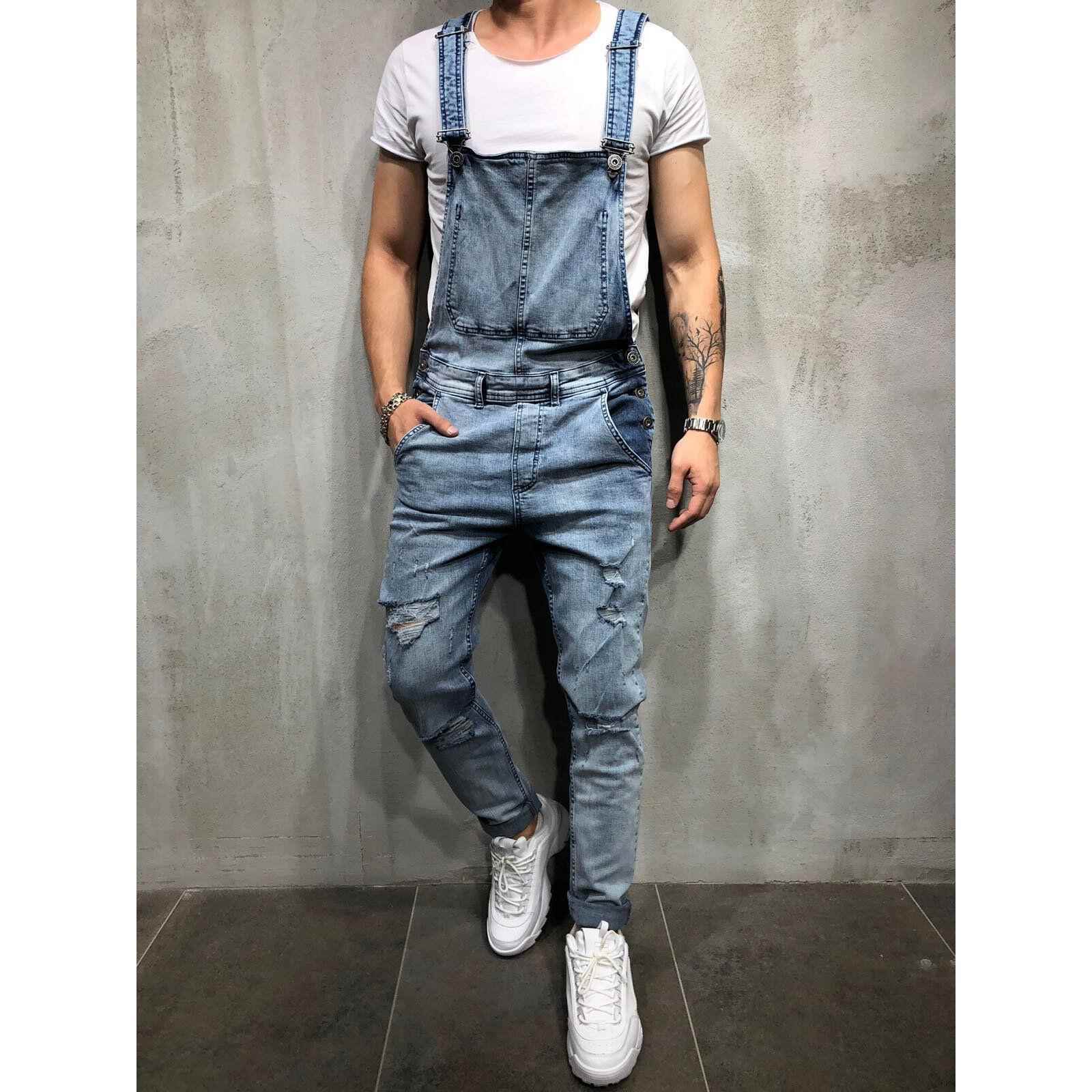Fashion mens suspenders denim rompers ripped jeans trousers