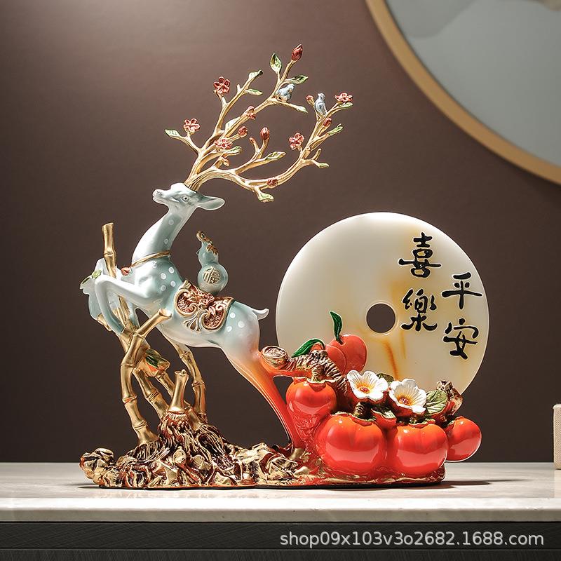 梅花鹿玉盘家居摆件 客厅电视柜玄关新中式高档家居装饰品工艺品