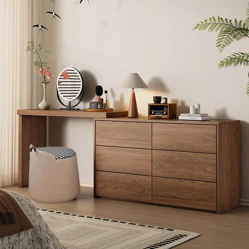 小户型斗柜胡桃色全实木原木橡木L型转角伸缩化妆桌小户型适用