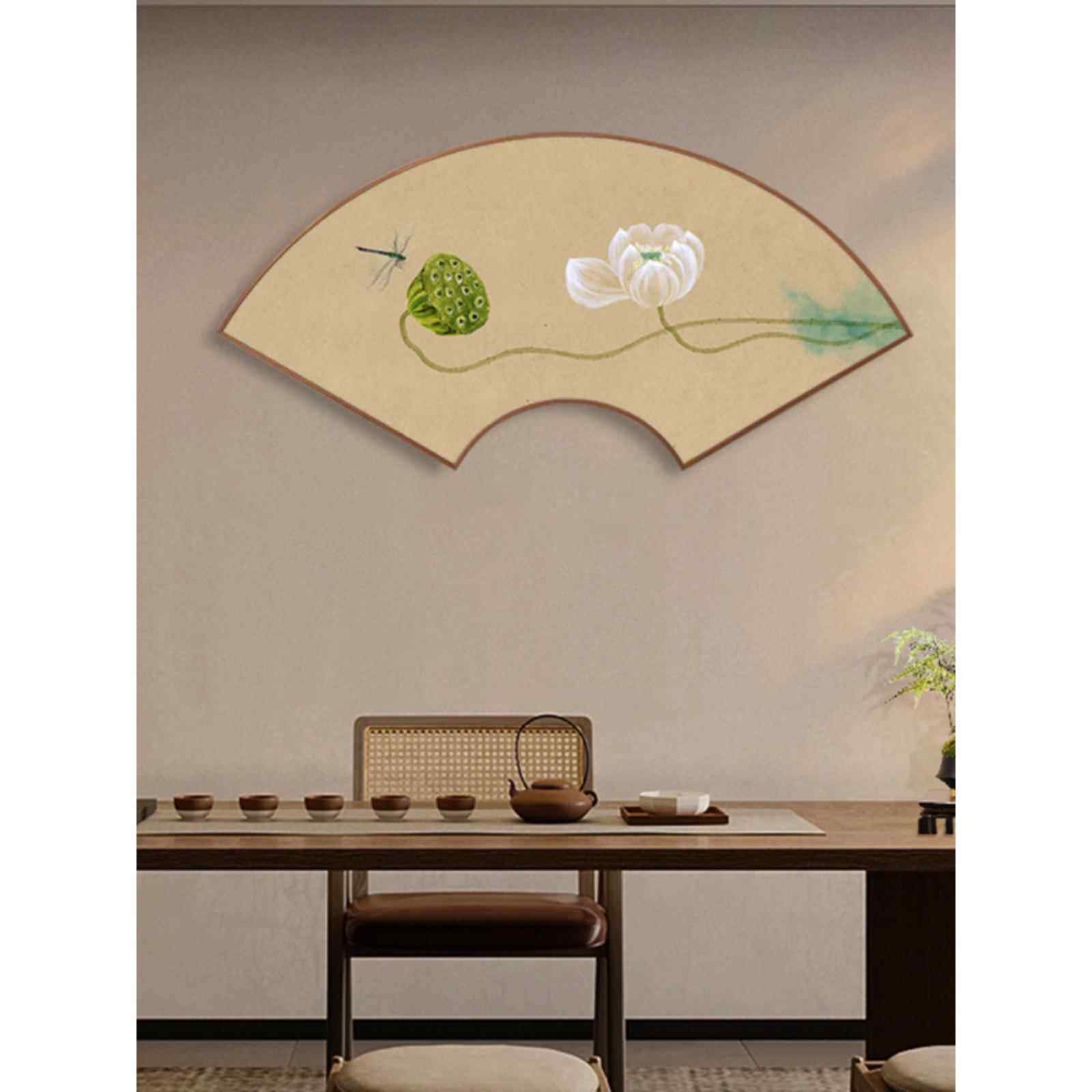 莲花荷花新中式餐厅装饰画扇形玄关挂画走廊书房卧室客厅壁画沙发