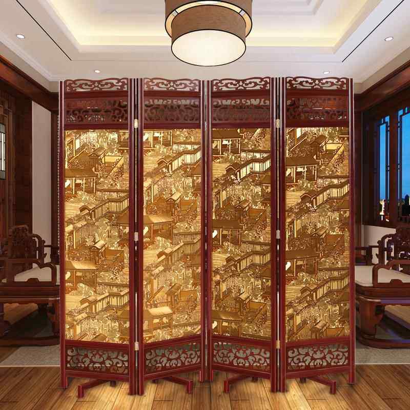 金箔中式实木屏风办公室客厅隔断酒店清明上河图移动折叠屏风双面
