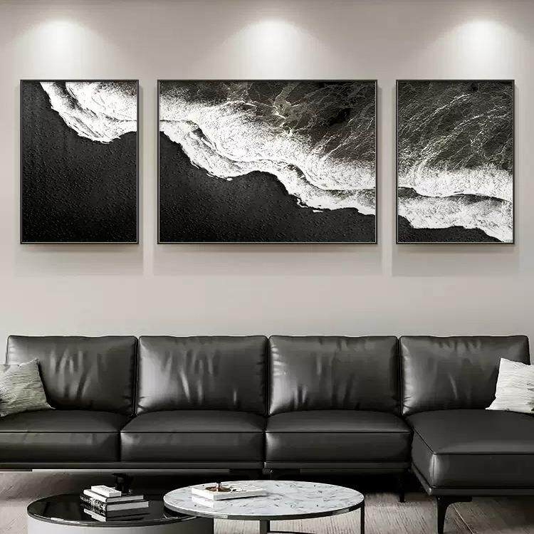 黑色海滩三联客厅装饰画轻奢大气沙发背景墙挂画海景图极简风壁画
