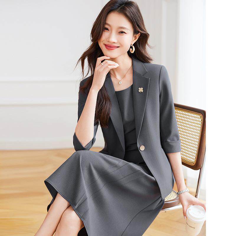 西装套装女2026新款连衣裙休闲百搭薄款外套纯色女士中袖西服套裙
