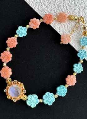 原矿高瓷绿松石手链 单圈手串珠链珠串18k金配饰尺寸约6～8mm左右