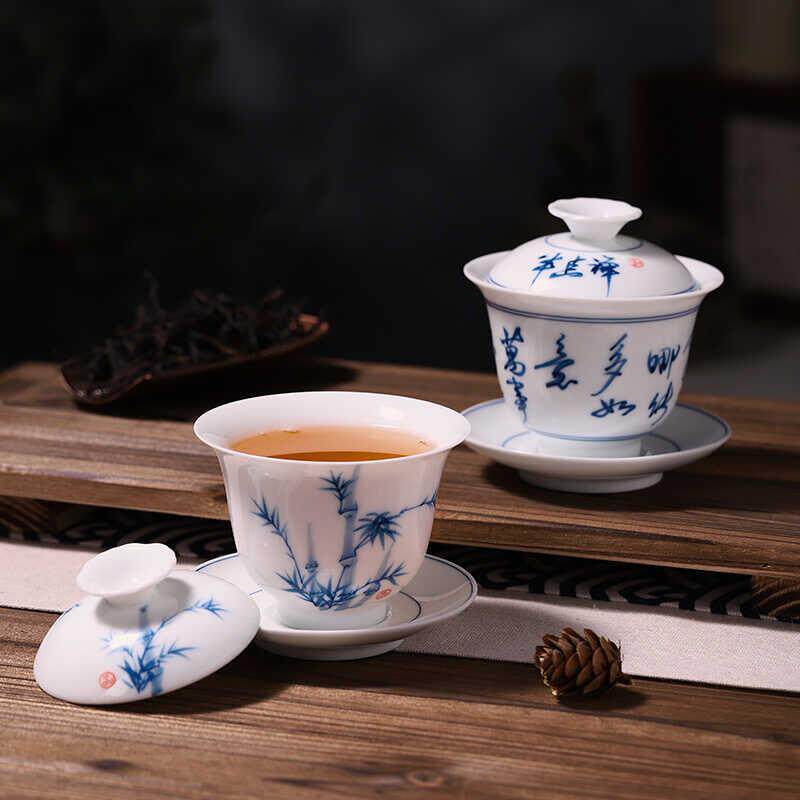 手绘高温釉下彩青花陶瓷盖碗单个茶杯功夫茶山水三才碗泡茶器茶具