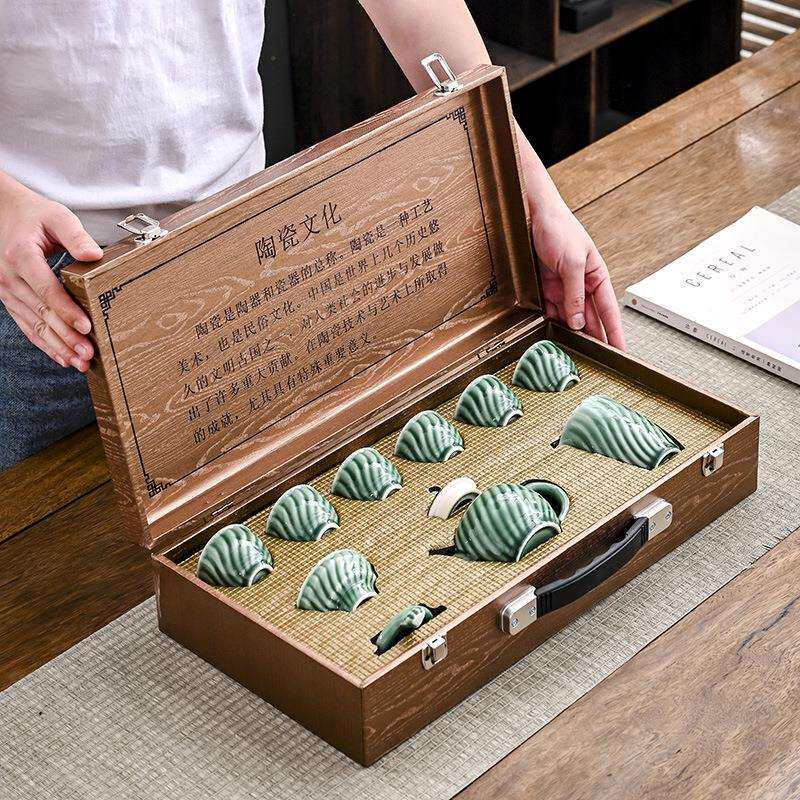 青瓷功夫茶壶茶具套装大套组高档仿木纹礼盒实用个人生日礼品商务