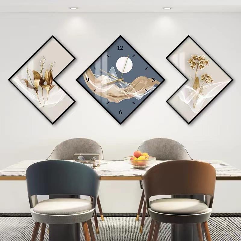 轻奢风餐厅装饰画高档现代简约厨房背景墙饭厅餐桌挂画创意带钟表