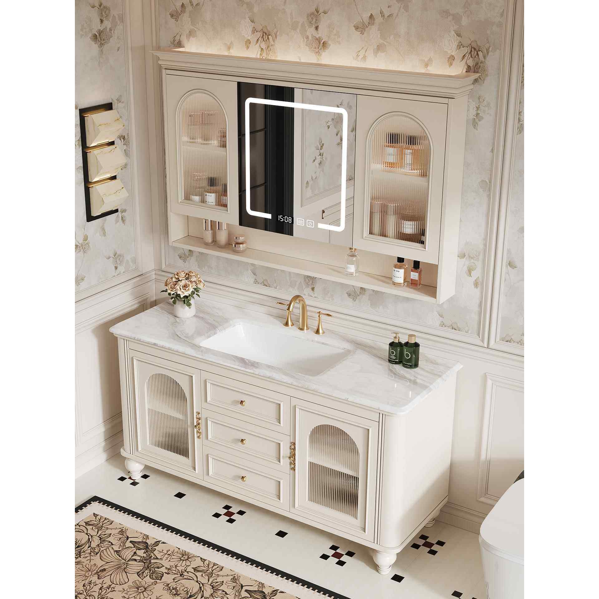 法式覆古风浴室柜组合落地式智能镜柜实木橡木洗手盆柜卫生间