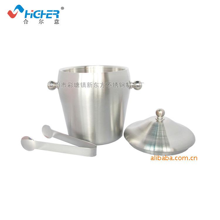 供应不锈钢1.2L 2L双层鼓型双耳冰粒桶 手提环冰桶多用冰桶