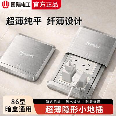 国际电工86型不锈钢超薄地插座平推滑盖防水隐藏式双五孔地面插座