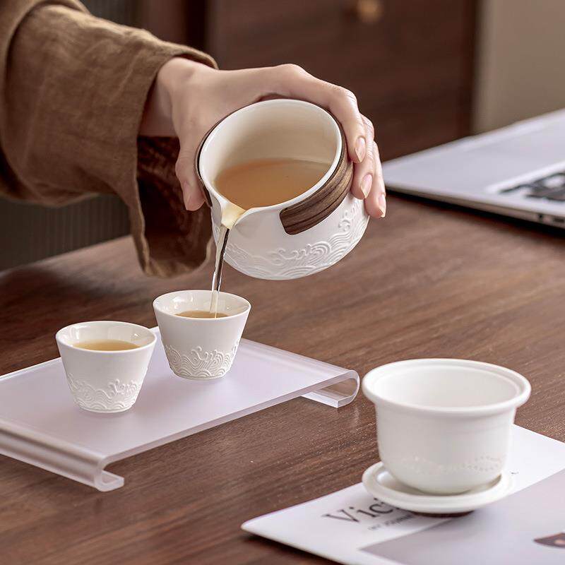 简约中式海浪手抓壶快客杯旅行茶具泡茶套组一壶二杯便携家用茶器