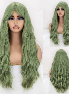 绿色齐刘海长款水波纹羊毛卷化纤机制假发 wig厂家批发