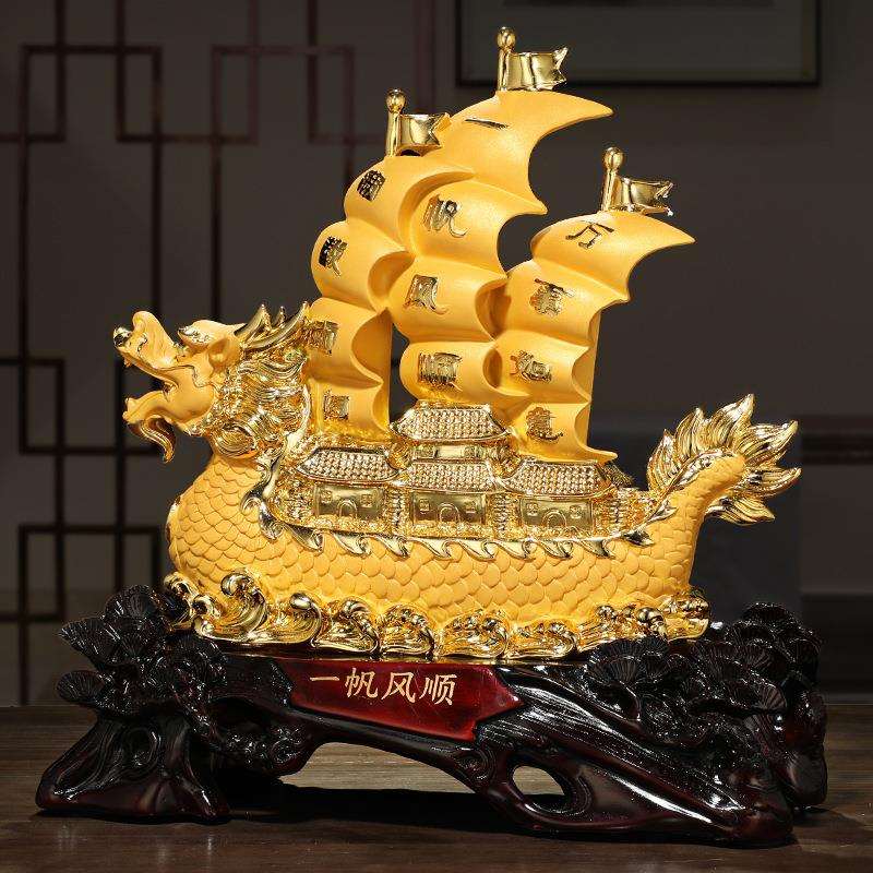 一帆风顺帆船摆件龙船沙金工艺品家居客厅电视柜办公室老板桌装饰