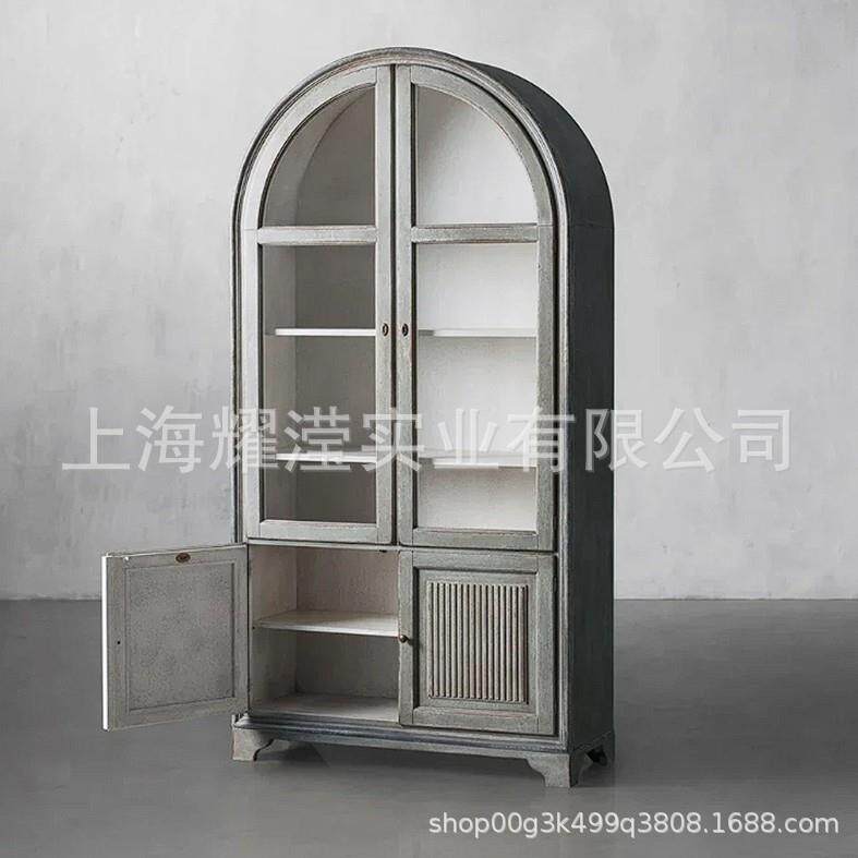 美式轻奢实木红橡木书柜北欧餐边柜黑色拱形装饰书架法式复古酒柜