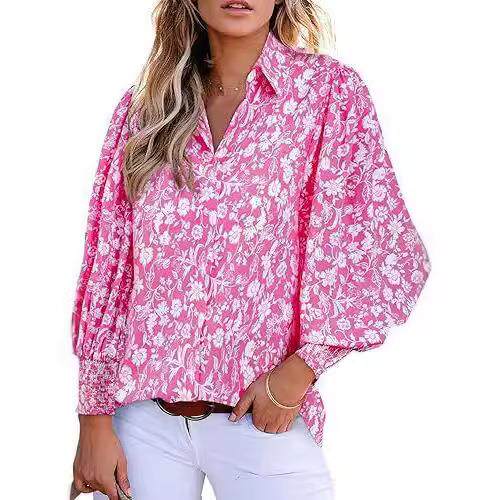 Women's long sleeved printed shirt with lapel and lantern