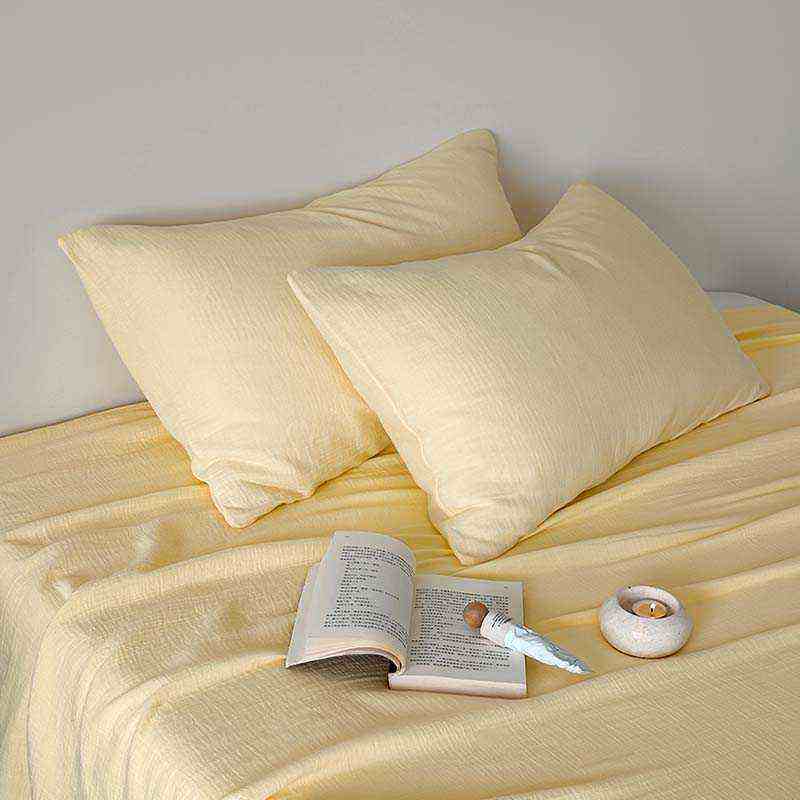 全棉A类母婴级双层皱纱纯色暖黄色枕套一对纯棉软纱枕头套枕芯套