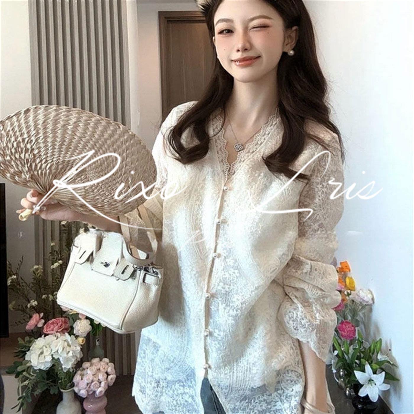 RIXO LRIS法式设计感蕾丝长袖V领衬衫女春季新款时尚减龄刺绣小衫