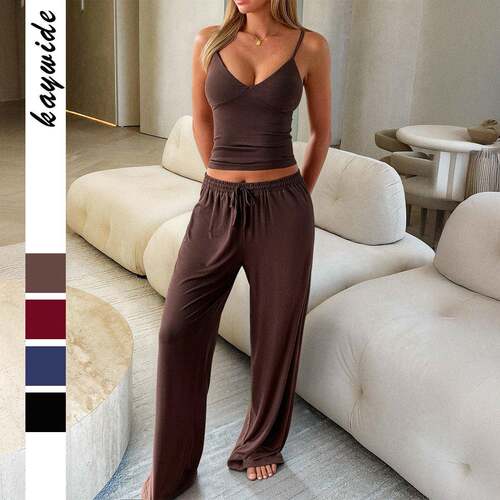 Women's V Neck Cross Back Halter Top Drawstring Wide Leg