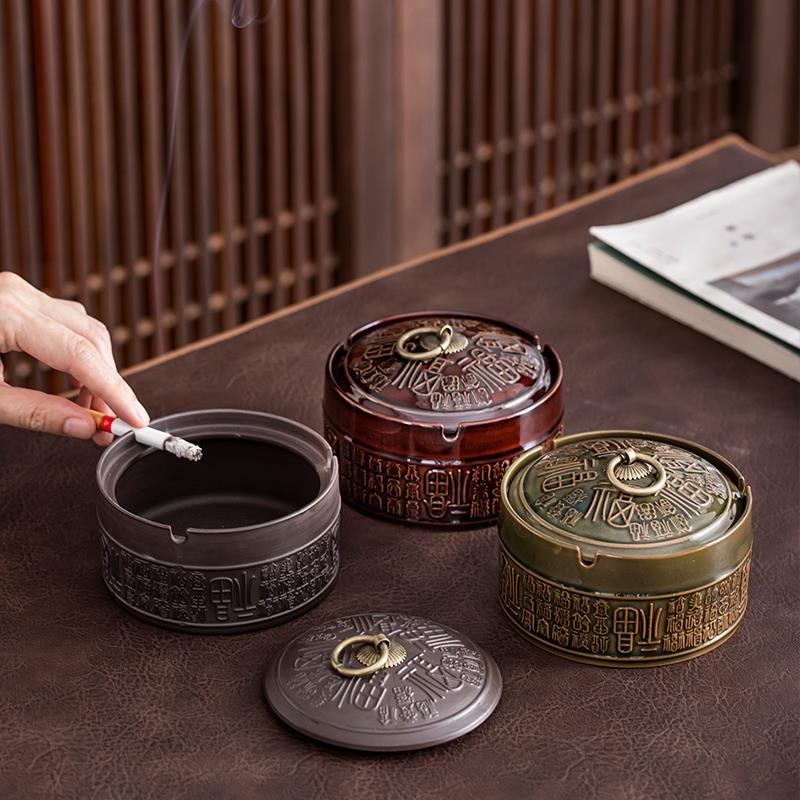紫砂陶瓷带盖烟灰缸创意酒店用品办公室酒吧家用个性时尚大号复古