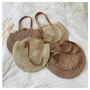 Bag Vintage Handmade Round Shoulder Beach Woven Straw