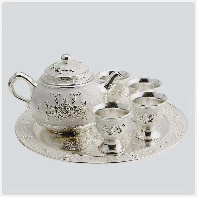 渡茶杯件套托盘6商务礼品装工艺品茶壶合金茶具摆件属银器