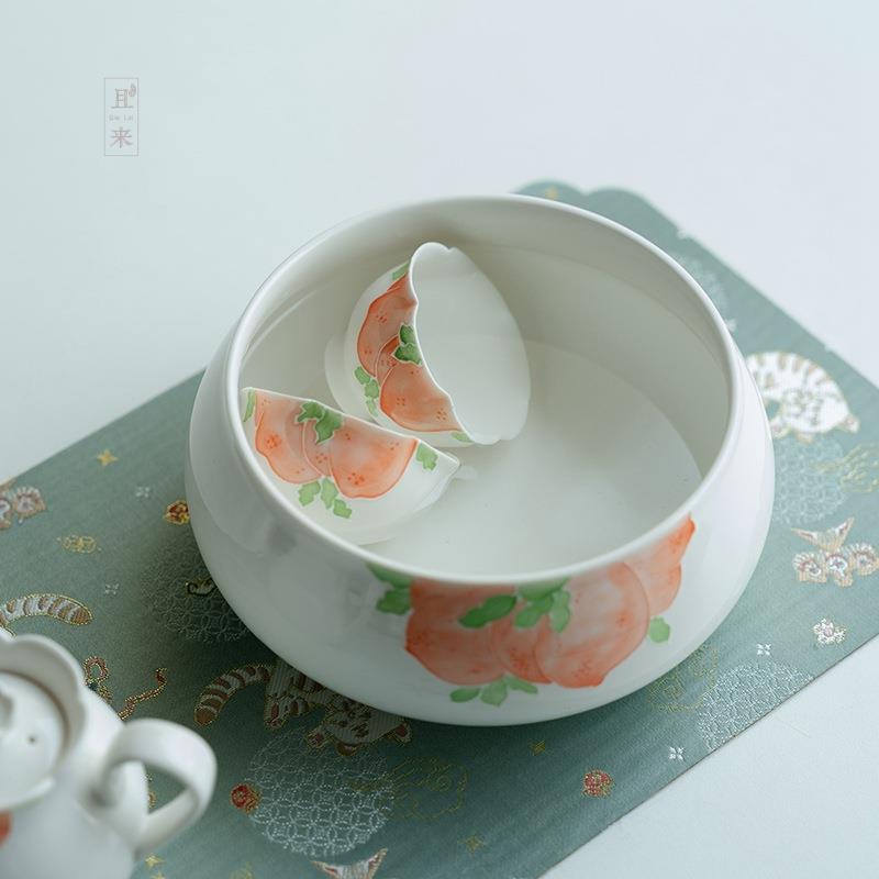 手绘白瓷釉下彩粉桃茶洗家用陶瓷大号茶渣缸中式水盂笔洗茶道配件