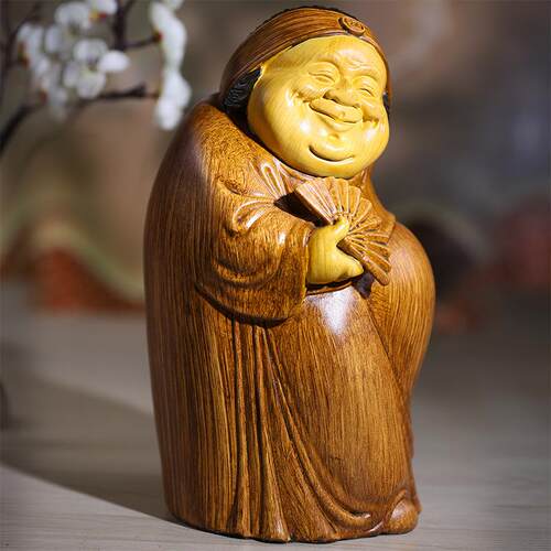 高端中式地主婆摆件客厅财神雕塑仿木雕茶几博古架装饰品桌面摆设