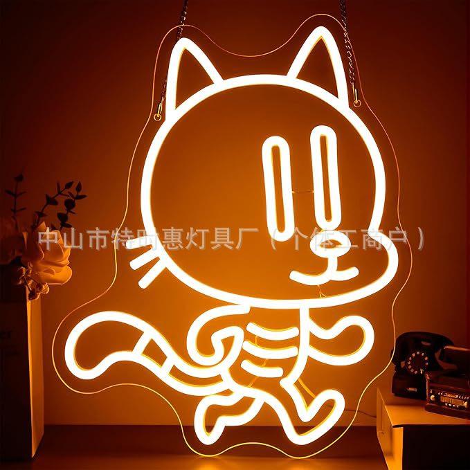 跨境热卖霓虹灯Cat招财猫氛围灯面馆发光招牌猫咪嗦粉LED发光灯牌
