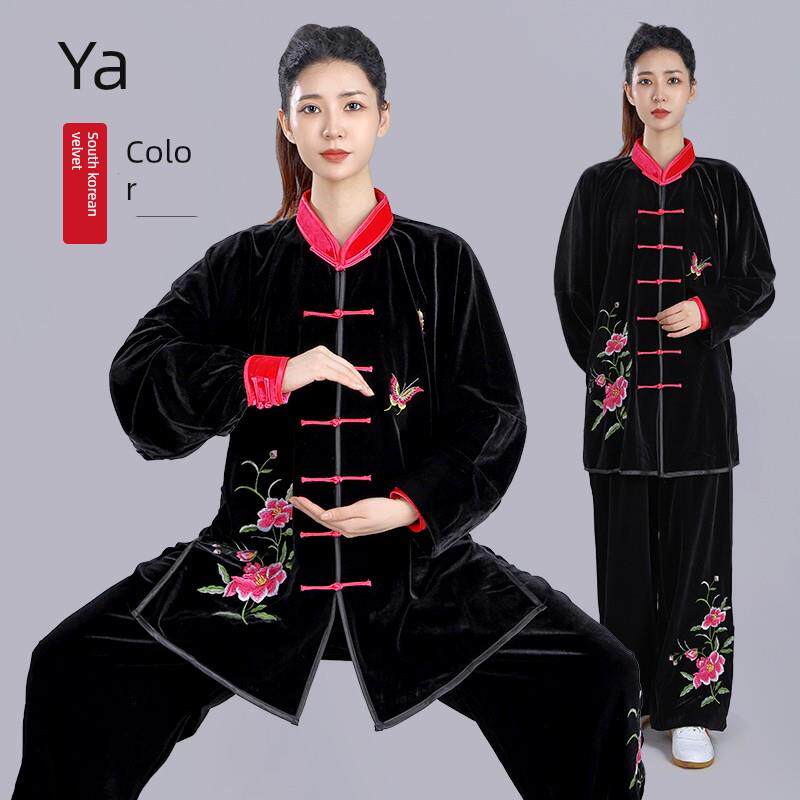 高档太极服韩国丝金丝新绒厚表加演刺绣表演练习早操服武术男女绒