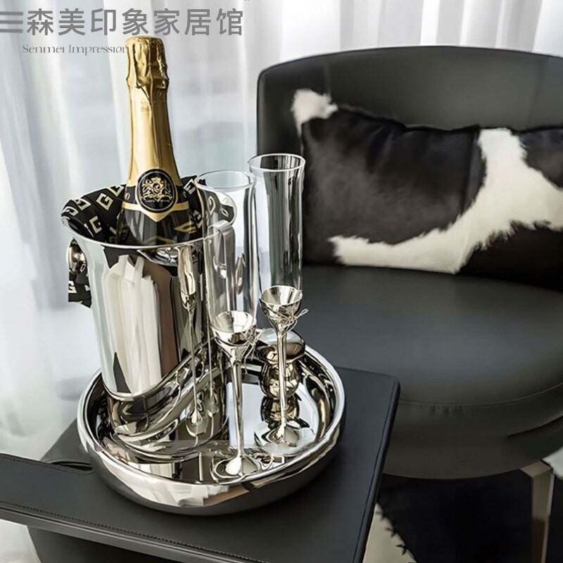 现代轻奢样板房水吧台茶几不锈钢托 托盘冰桶香槟杯饭厅组合摆件