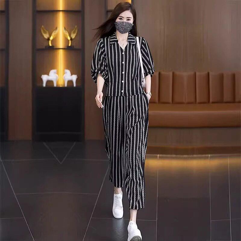 冰丝时尚套装女2026夏季新款气质显瘦条纹短袖直筒裤大码两件套潮