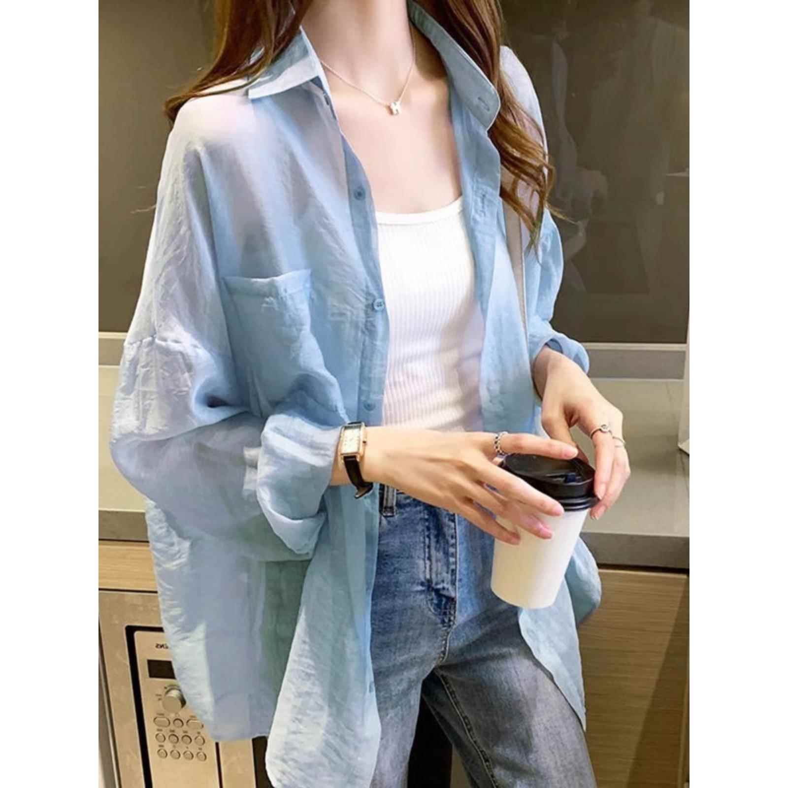 薄天丝防晒衬衫的妇女夏季新韩式宽松慵懒风格开衫防晒服装空调衬