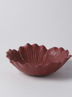 现代简约复古红色陶瓷卷边花瓶果盘装饰品家居样板间民宿软装摆件