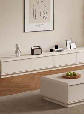 奶油风电视柜茶几组合客厅2025新款家用小户型白色简约实木落地柜