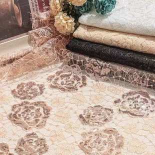 厂家直销高档国风蛛网玫瑰花珠绣网纱绣花 蕾丝花边面料 刺绣布料