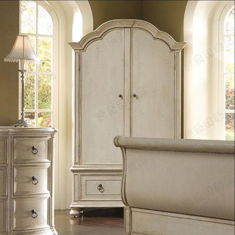美式实木双门衣柜卧室储物柜欧式复古白色做旧收纳衣橱两门衣柜