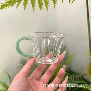 玻璃品茗杯家用耐热茶杯带把透明单杯防烫手花瓣杯功夫茶具主人杯