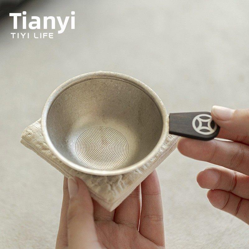 天一丨 纯钛茶漏黑檀木柄千孔过滤网中式功夫茶具茶道配件茶滤