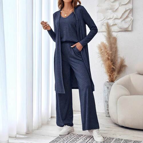 Women's suit set with camisole top, cardigan, pants, three