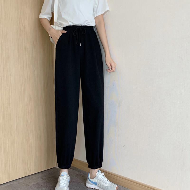 新品春秋新款束脚裤女高腰直筒灰色运动裤韩版宽松休闲学生九分裤